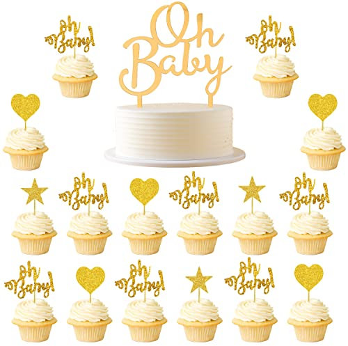 Kawailay 33 Stück Glitter Oh Baby Cupcake Toppers Gold Babyparty Tortendeko mit Herz und Star Acryl Oh Baby Kuchendeko für Baby Shower Kids Junge Mädchen Geburtstag Dekor