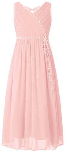 iEFiEL Mädchen Kleid Festlich Lang Kinder Kleidung Hochzeit mit Perlen Schleife Blumenmädchenkleid Prinzessin Kleid Chiffonkleid Rosa 146-152