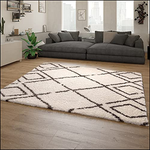 Paco Home Teppich Wohnzimmer, Schlafzimmer/Hochflor Shaggy in versch. Designs Farben und Größen, Grösse:60x90 cm, Farbe:Creme 5