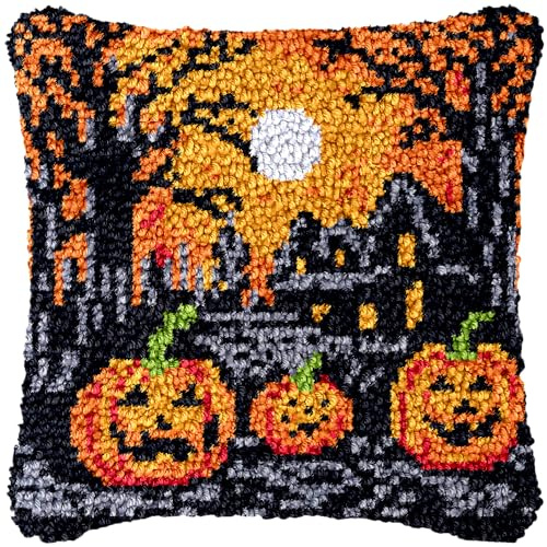 Happy Halloween Pumpkin Latch Hook Kits Pillow Printed Canvas DIY Handmade Cushion Crochet Yarn Embroidery Needlework Hook Latch Kit Pillowcase Rug Cover Christmas Home Sofa Decoration 43x43cm