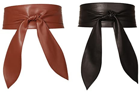 FEOYA Wickelgürtel Damen Party Kleidgürtel Hochzeit Obi Breiter Gürtel für Kleid Damen Schärpe Gürtel Kunstleder Leder Brautgürtel Bindegürtel Taillengürtel Elegante Wickel Schnüren Schwarz+Kaffee L