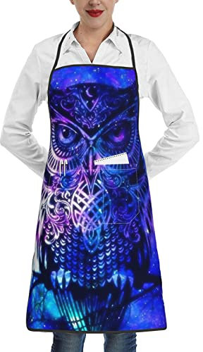 Blaue Eulen-Schürze mit Taschen, Backschürze, personalisierte Schürze, Kochschürze, gemusterte Schürzen für Männer und Frauen., Weiß, Einheitsgröße