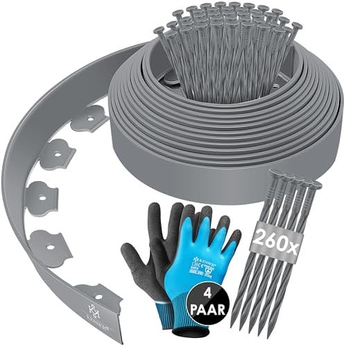 KESSER® Flexible Rasenkante aus Kunststoff Länge 40m Höhe 5cm, mit 260 Erdanker + 4 Paar Handschuhe Beeteinfassung Beetumrandung Beetbegrenzung Mähkante Pflastersteine Palisade - Grau