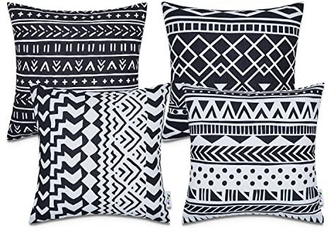 Paco Home Kissen Kissenbezug Sofakissen Bezug Kissenhülle Dekokissen Zierkissen Couchkissen Modern Geometrische Muster, Farbe:Weiß-Schwarz, Sets:4pcs-Set