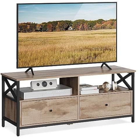 VASAGLE Meuble TV pour Télévision jusqu'à 55 Pouces, Support Télé, Longueur 120 cm, 2 Tiroirs, 2 Étagères, 40 x 120 x 50 cm, Salon, Chambre, Cadre en Acier, Marron Chêne et Noir LTV300B50