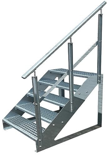 Kaminbau Mierzwa Premium Treppe Freistehend 5 Stufen Geländer Rechts (Breite 1400 mm) (Höhe 95cm) Wetterfest Gitterroststufe Gartentreppe