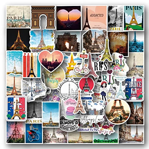 Paris Aufkleber 50 Stück Wasserdichte Niedlich Eiffelturm Sticker für Wasserflaschen Laptop Skateboard Motorrad Auto Fahrrad Scrapbook Gepäck,Vinyl Vintage Gebäude Sticker für Kinder Teenager Mädchen