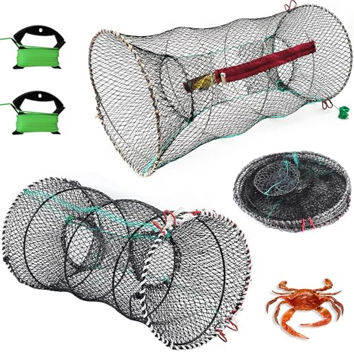 Set of 2 - Collapsible Mesh Crayfish Trap, Zipped Access and Bait Pocket, Great Crab Fish Trap Net for Catching Crabs, Lobster, Shrimp, Prawn and Crayfish – 30 cm