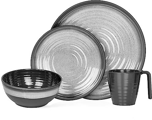 Vaisselle de camping 1 personne 4 pièces en mélamine | Service de table de pique-nique | Vaisselle de camping Stone Grey Design