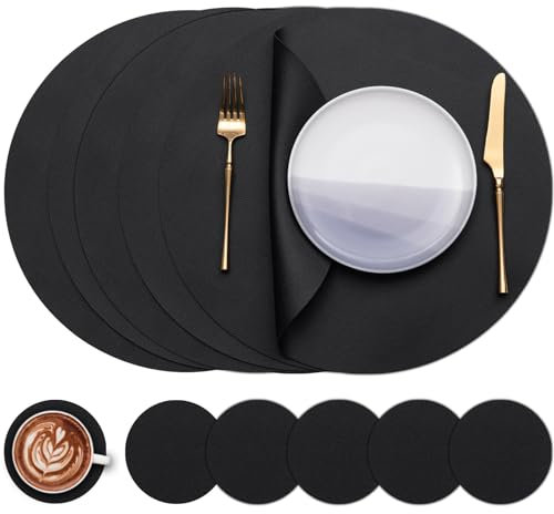 Myir JUN Tischsets 6er Set, Tischsets Abwaschbar Platzsets Rund Ø 38cm Platzdeckchen Rund Doppelseitigen rutschfest Platzsets Kunstleder Leder Tischset Lederoptik (Schwarz, 6er Set)