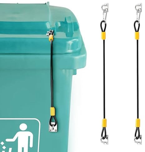 TOLIDA 2 Packs Universal Trash Can Lid Locks - Metal Lock Kit, Rubber Coated Braided Wire Rope Straps for Animals, Wind and Spilling