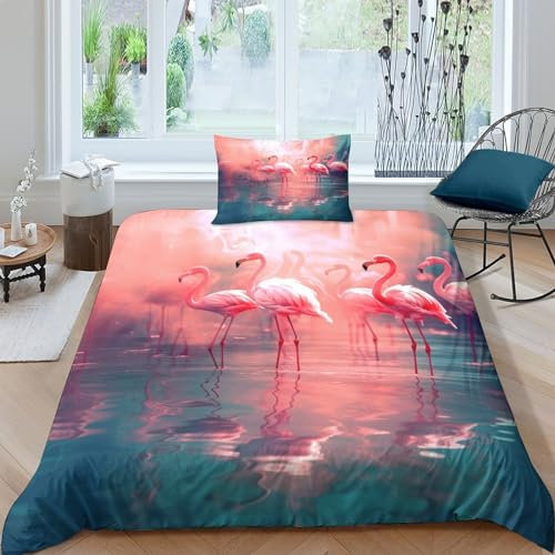 AAHARYA Flamant élégant Housse De Couette, Parure De Lit Flamant Rose avec Taies d'oreiller,pour Déco Chambre Adulte Enfant Single（135x200cm）