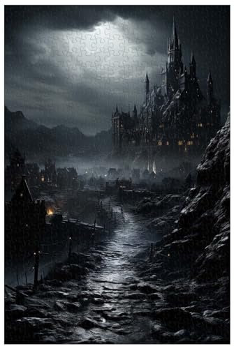 AiQima Holzpuzzle, Puzzle Für Erwachsene, Gotische Stadt, Düsteres Schloss, Dunkles Gothic-Kunstpuzzle, Dunkle Fantasielandschaft/B/1000