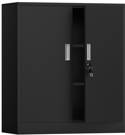 iJINGUR Armoire de Rangement en métal avec Portes verrouillables et 2 étagères réglables, Petite Armoire de Rangement verrouillable pour la Maison, Le Bureau, Le Garage (Noir, 92H cm)