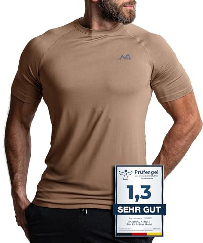 Natural Athlet Slim-Fit Fitness Tshirt für Herren – Enges & langes atmungsaktives Männer Kurzarm Gym T-Shirt – für Sport, Gym, Fitnessstudio, Workout, Bodybuilding und Krafttraining – Sand