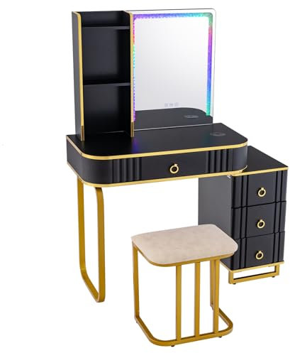 HOMASIS Schminktisch mit LED-Beleuchtung in 7 Farben, Kosmetiktisch mit Spiegel mit Diamanten, Frisiertisch mit 4 Schubladen & 3 Regalen, Hocker gepolstert, 80 x 40 x 137 cm (Schwarz+Gold)