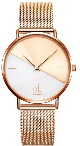 Alienwork Armbanduhr Damen Roségold Metall Mesh Armband Edelstahl Ultra-flach Elegant