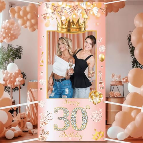 POPOYU 30th Birthday Decorations,Rose Gold Birthday Banner Party Photo Booth Props,Giant Fabric 30th BirthdayParty Photo Booth Frame,Funny Large Selfie Frame for Men Women BirthdayParty Supplies