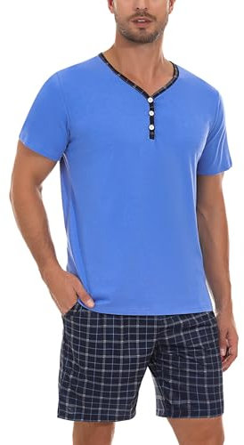 Irdcomps Pyjama Homme Ete Coton Ensembles de Pyjama Court Short à Carreaux Col V à Manches Courtes Vêtements De Nuit Décontracté Été Vêtements de Détente Confortable Bleu Royal XL