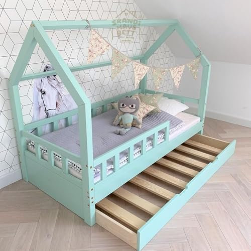 Hausbett 140x200 Mit Rausfallschutz Minze - Bell Nuo - Kinderbett mit Bettkasten - Kinderbett mit Lattenrost - Stabiles Rausfallschutz Bett für Kinderzimmer