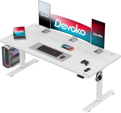 Devoko Escritorio de altura ajustable eléctrico 160 x 70 cm, Mesa de pie, Mesa de ordenador, Mesa de oficina, Blanco, Moderno