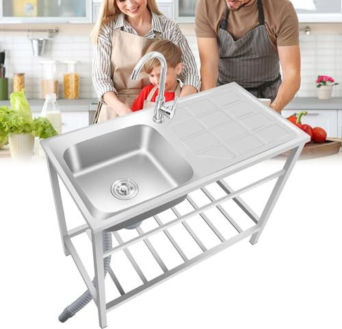 Ukkajovlex Fregadero Exterior Jardin 75cmx40cmx75cm Fregadero Cocina 1 Seno Y Escurridor Fregadero Simple Al Aire Libre con Soporte Fácil De Limpiar/Montar Hotel Balcón Camping Barbacoa Plata