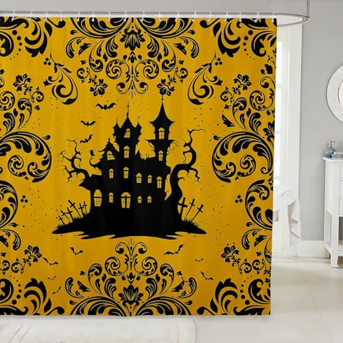 Halloween Badezimmer Vorhang Fledermaus Schloss Bad Vorhang 180Bx180L Boho Exotic Damast Gothic Duschvorhang für Kinder Erwachsene,Retro Gothic Blume Halloween Badezimmer Zubehör Gelb Schwarz