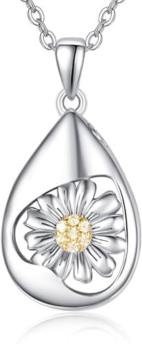 TANGPOET Teardrop Urn Necklace 925 Sterling Silver Daisy Ashes Necklace, Cremation Jewellery for Ashes Pendant, Gifts for Women Girls, with Funnel Filler Kit