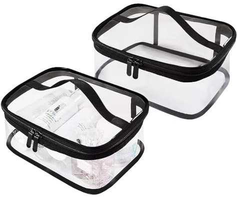 Clear Toiletry Bag, 2PCS Clear Make up Bag, Transparent Cosmetic Bag with Handle Zipper, Portable Waterproof PVC Travel Bag, Portable Makeup Bag for Travel Business Bathroom(Black)