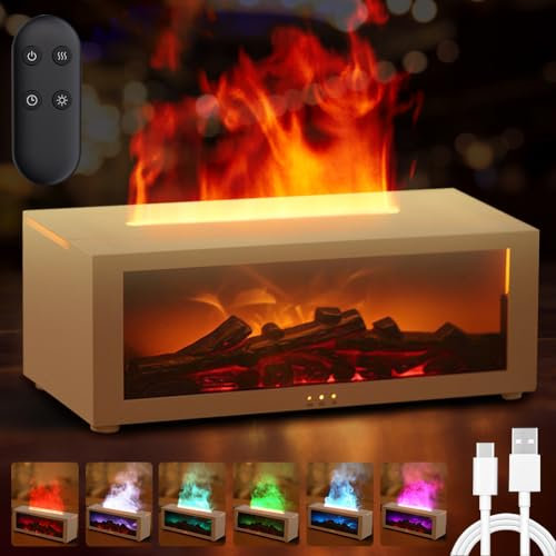 Flammen Aroma Diffuser,Diffuser Ätherische Öle mit 7-Farben-Licht,Luftbefeuchter Flame Diffuser mit Fernbedienung, Duftöl Diffuser mit Timer,Wasserlose Abschaltautomatik für Zuhause Büro Raumduft Yoga