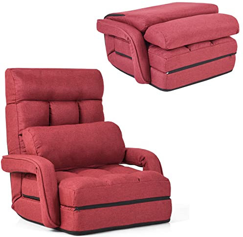 HOMASIS Bodenstuhl mit Schlaffunktion, Klappstuhl in 6 Stufen verstellbar, Schlafsessel mit Armlehnen & Kissen, Einzelsofa gepolstert & klappbar, Bodensofa für Zuhause Büro (Rot)