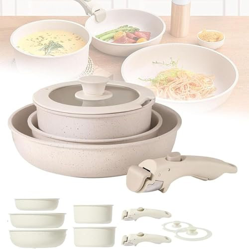 Oven Safe Cookware Set, Cookware Set, 5/9/11 Piece Nonstick Maifan Cookware Set, with Detachable Handle, for Cooker Microwave Frying Pan,White,9pcs