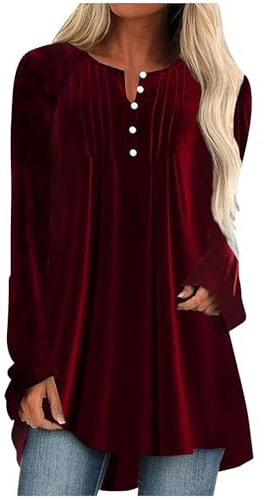 Keepink Ladies Jumpers Size 8-22 Velvet Tops for Women UK Long Sleeve Henley Blouses Pleated Button V Neck T Shirts Oversized Dressy Elegant Casual Shirts Party Longine Tunic Top