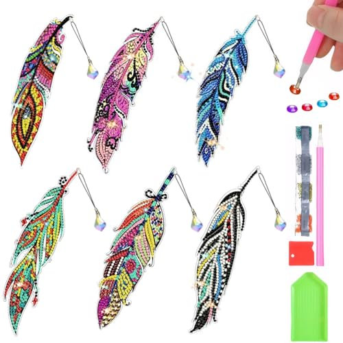 YTACREA 5D Diamond Painting Feder Lesezeichen, Basteln Mädchen 6 7 8 9 10 Jahre, Geschenke für Mädchen Leseratten Lehrerin, Lesezeichen Kinder mit Anhänger Kristall, Bücher Lesen Zubehör, (6 PCS)