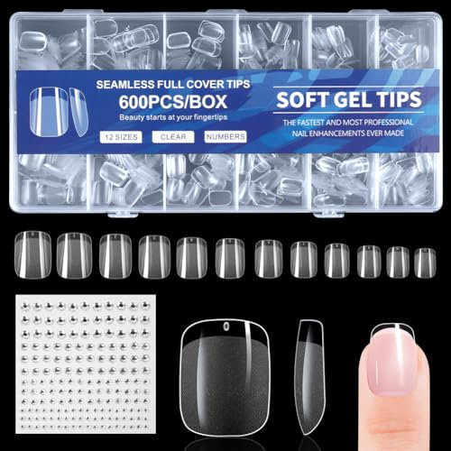 BUTBU Short Square Nail Tips, 600Pcs Soft Gel Full Cover Nails-Tips, Clear Acrylic False Press on Nail Tip, 12 Sizes NAIL Extensions Kit for DIY Manicure Art Salon