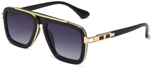 Long Keeper Retro Square Sunglasses for Men Women Classic Pilot Sunglasses Vintage Style Metal Square Frames Anti UV400 Sun Glasses Unisex (Black Gold, Grey Gradient)