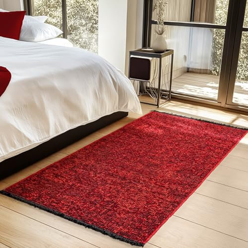 HomebyHome, Baumwolle Chenille Teppich Läufer Rot 80x150 cm Waschbar, Boho-Stil, Vintage Kelim, Kurzflor, rutschfest & Weich, Einfarbig Meliert, Für Küche, Schlafzimmer & Flur