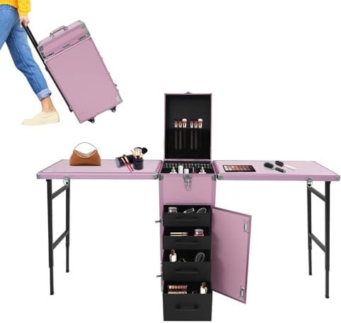 Fridgestea Portable Double-Sided Nail Table & Makeup Case - Professional Mobile Beauty Station with Adjustable Handle, 4 Locking Wheels, 100kg Load Capacity, Foldable Desktop for 4 People (Pink)