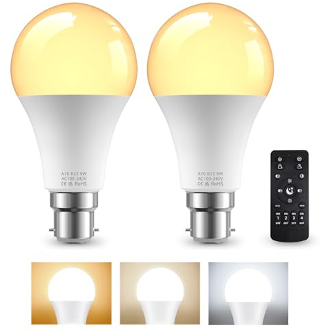 B22 LED Bulb with Remote Control, 9W LED Bulbs 60W Equivalent, 3000K-6000K Stepless Dimmable Light Bulb, B22 Base, A70 Remote Control Light Bulbs with Timer, Memory Function, 2Bulb & 1Remote