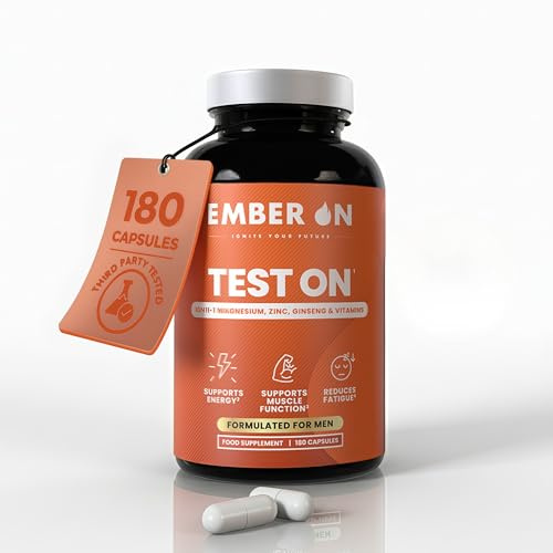 EMBER ON Test On | Gym Supplements for Men | Zinc, Magnesium, Vitamins B6, Ginseng & Fenugreek | Supports Energy & Muscle Function | 180 Vegan Capsules | Magnesium and Zinc Supplements | UK Made
