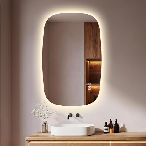 S'AFIELINA Espejo Baño con Luz LED Ovalado Sin Marco 95x60 cm | Espejo de Baño con Luz LED, Espejo Baño Retroiluminado, Antivaho, Interruptor Táctil, 3 Colores de Luz, Regulable, Memoria