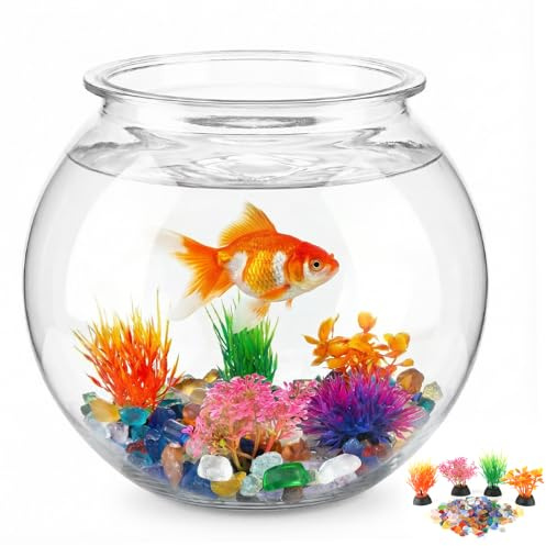 1 Gallon Round Plastic Fish Bowl Set, Crystal Clear Plastic Aquarium for Fish with 5 Decorative Plants and 8.8oz Colorful Stones, Small Fish Tank for Home Decoration