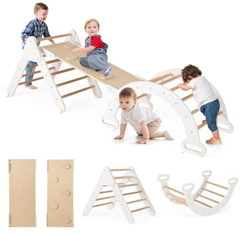 GOPLUS Kletterdreieck Indoor, 4 in 1 Klettergerüst mit Kletterbogen, Leiter, Rutsche, doppelseitige Rampe, Sprossendreieck zum Klettern, Rutschen & Wippen, Kletterdreieck für Kleinkinder, Weiß