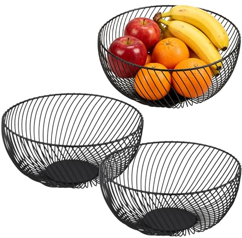 KEILEOHO 3er Set Obstkorb Schwarz, 25 x 11 cm Drahtkorb Obstschale Rund, Brotkorb Metallkorb für Obst, Brot, Gemüse