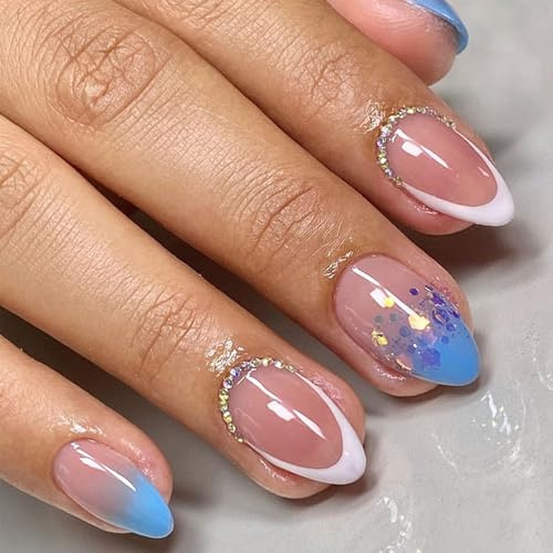 24Pcs French Press on Nails - Short Almond Pink White Blue Edge Fake Nails - Acrylic Full Cover Glue on Nails - Full Cover Stick on Nail Shiny Artificial Nail for Women