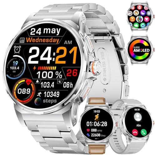 Militär Smartwatch Herren, 1,43-Zoll-AMOLED-Smartwatch mit Bluetooth-Anruf, 3 Armbänders, IP68 Wasserdicht/Herzfrequenz/Schlafmonitor, 120+ Sportmodi Outdoor Sportuhrfür Android iOS, Silber