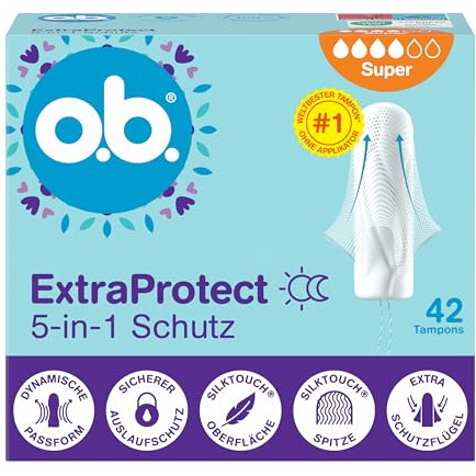 o.b. ExtraProtect 5-in-1 Schutz Tampons, 1 x 42 Stk | Tampon mit Extra Schutzflügeln für weltbesten zuverlässigen Auslaufschutz und Komfort, sicheres Gefühl in der Nacht