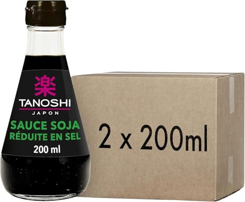 TANOSHI - Sauce Soja Réduite en Sel (-40%) - Sans Glutamate Ajouté - Flacon Pratique - 200 ml - lot de 2 (total de 400 ml)