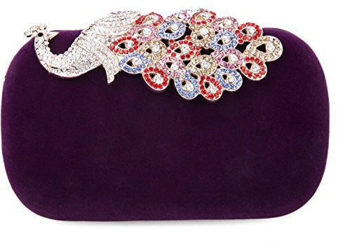 Damen Frauen Clutch Abendtasche Handtasche mit Funkelnder Diamantkristall Pfau Elegante Tasche für Urlaub Party 9.2*16 cm Lila