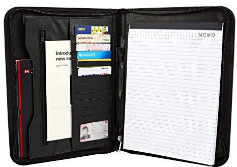 Taylor & Brown A4 Zipped Conference Folder Business Executive Faux PU Leather Document Padfolio Case Bag Portfolio Oragniser 11 Card Pocket Pen Holder Paper Pad